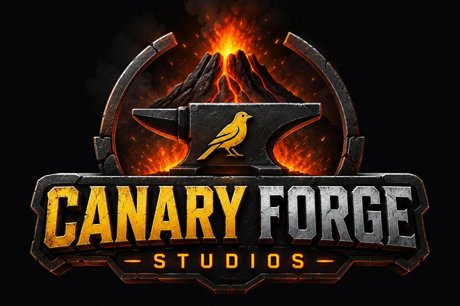 Logo de Canary Forge Studios: volcán, yunque y canario dorado